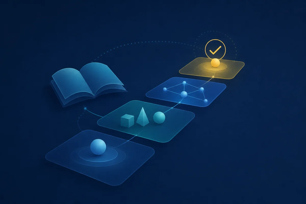 Abstract learning pathway connecting core concepts with review and verification