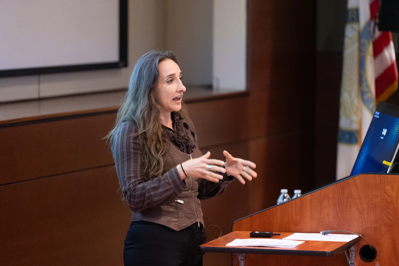 A presenter gestures while speaking from the auditorium lectern.