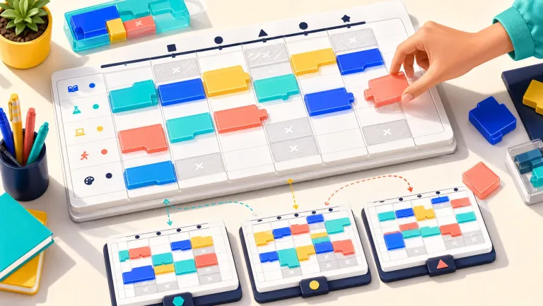 Weekly planner grid of color-coded course sections compared across schedule options before enrollment