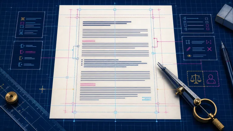 Dissertation page on a technical drafting table with margin, hierarchy, and alignment guides