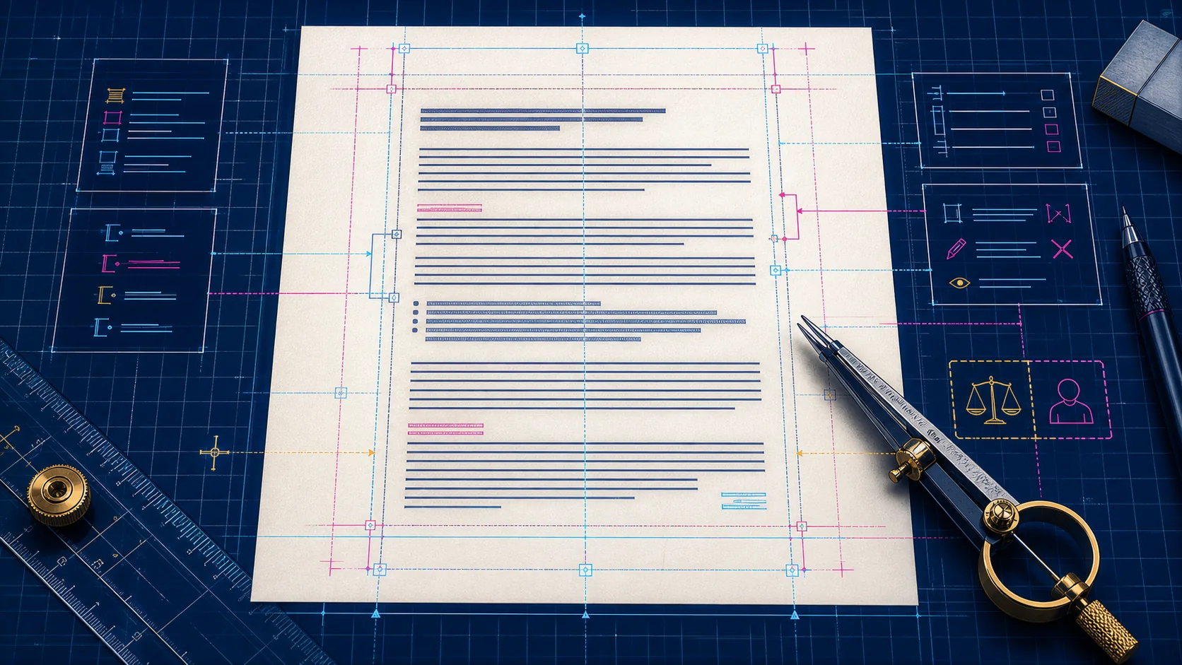 Dissertation page on a technical drafting table with margin, hierarchy, and alignment guides