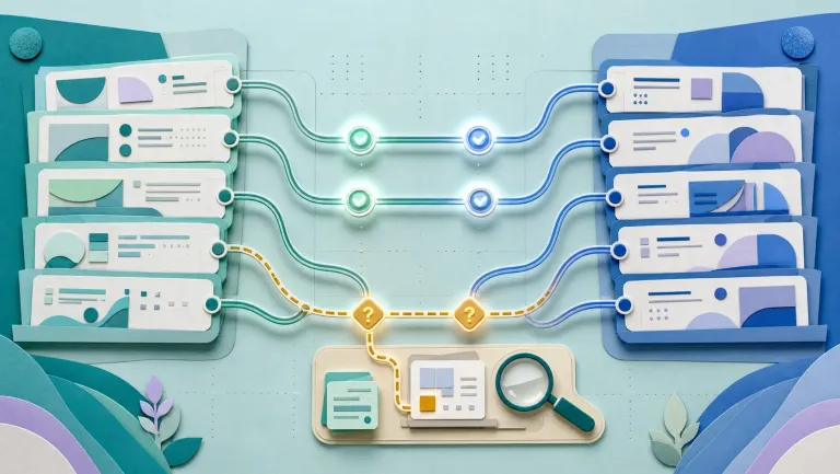 Two sets of academic records connected by course-equivalency paths, with an uncertain match routed for review
