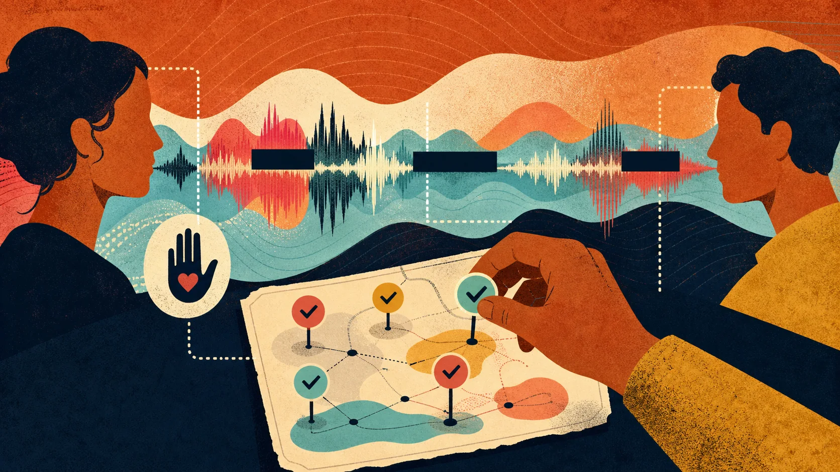 Staff conversation waveform with protected segments becoming a human-reviewed evidence map